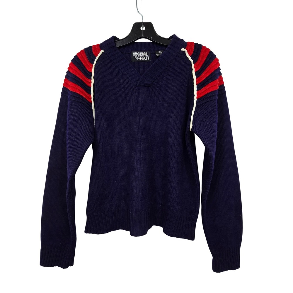 Vintage 80s Alpine Ski Sweater Womens XL Navy Blue Red Stripe Shoulder Acrylic